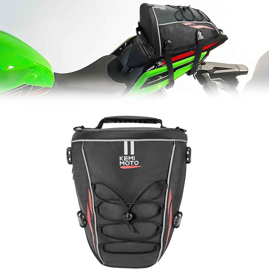 KEMIMOTO Motorcycle Tail Bag - Waterproof Tank Bag, Tool Carry Bag, Storage Saddle Bag - Sports Motorbike Rear Rack Bag with Shoulder Strap and Waterproof Cover - 10L